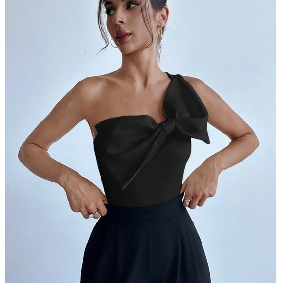 Black Large Bow One Shoulder Bodysuit Slim Fit Asymmetrical - Picture 1 of 14